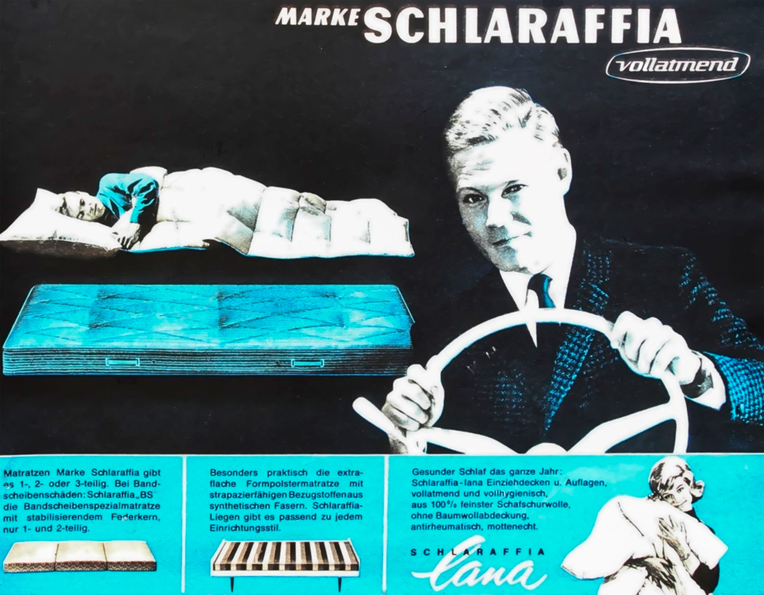 Старинная немецкая ретро-реклама пружинных матрасов Schlaraffia из журнала 1960-х годов
