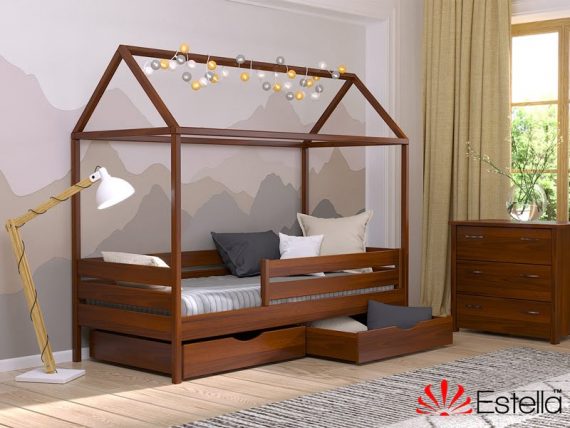 Деревянная кровать Амми, массив бука, цвет оранж, с ящиками для белья и двойной планкой безопасности