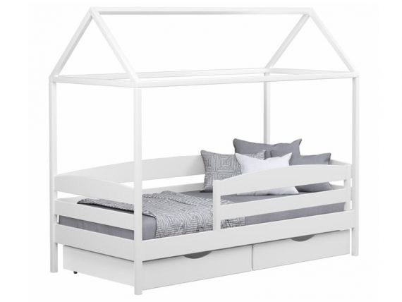 Деревянная кровать Амми ПЛЮС, массив бука, цвет белый с ящиками для белья и двойной планкой безопасности