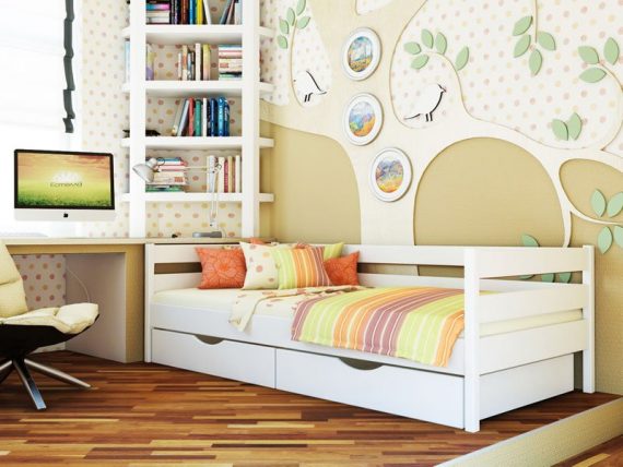 Деревянная кровать Нота в белом цвете с шухлядами