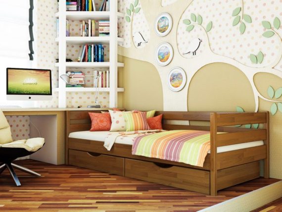Деревянная кровать Нота в цвете светлый орех с шухлядами