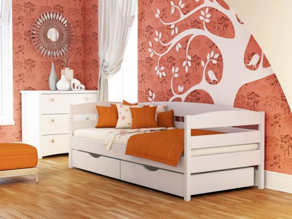 Деревянная кровать Нота плюс в белом цвете с шухлядами
