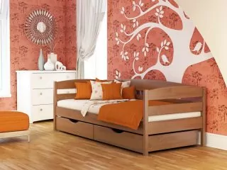 Деревянная кровать Нота плюс в цвете оранж с шухлядами